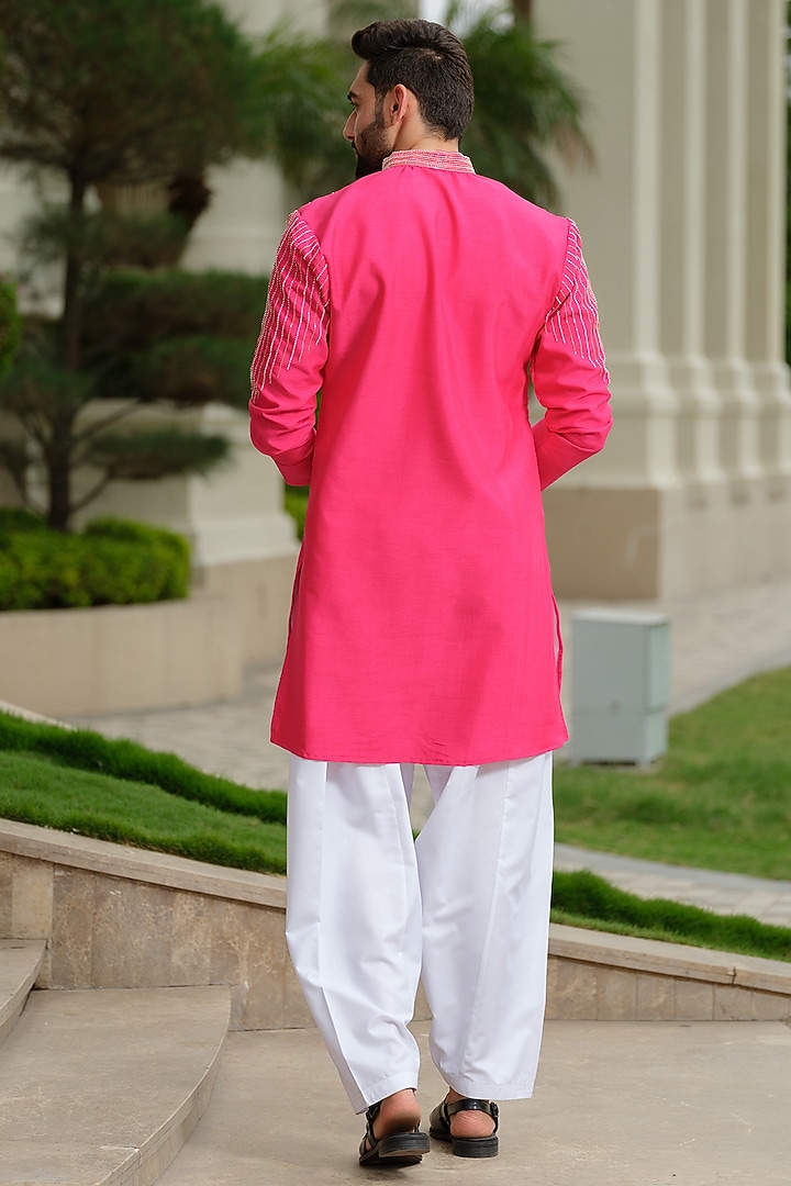 Fuchsia Pink Silk Embroidered Kurta Set by Niloufer by Aasif Ally Men at Pernia's Pop Up Shop