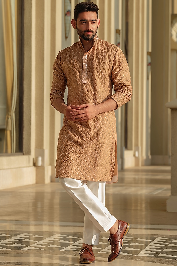 Beige Silk Embroidered Kurta Set by Niloufer by Aasif Ally