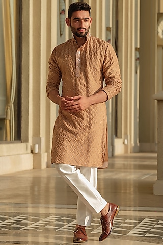 Beige Silk Embroidered Kurta Set by Niloufer by Aasif Ally Men