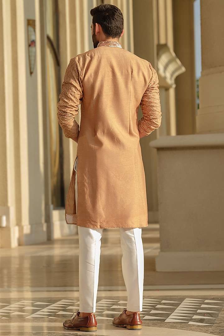 Beige Silk Embroidered Kurta Set by Niloufer by Aasif Ally Men at Pernia's Pop Up Shop