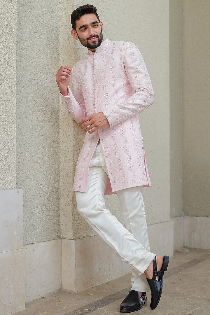 Powder Pink Silk Embroidered Sherwani Set by Niloufer by Aasif Ally