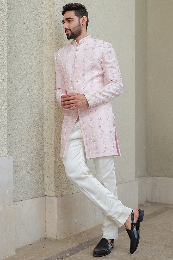 Powder Pink Silk Embroidered Wedding Sherwani Set by Niloufer by Aasif Ally Men at Pernia's Pop Up Shop