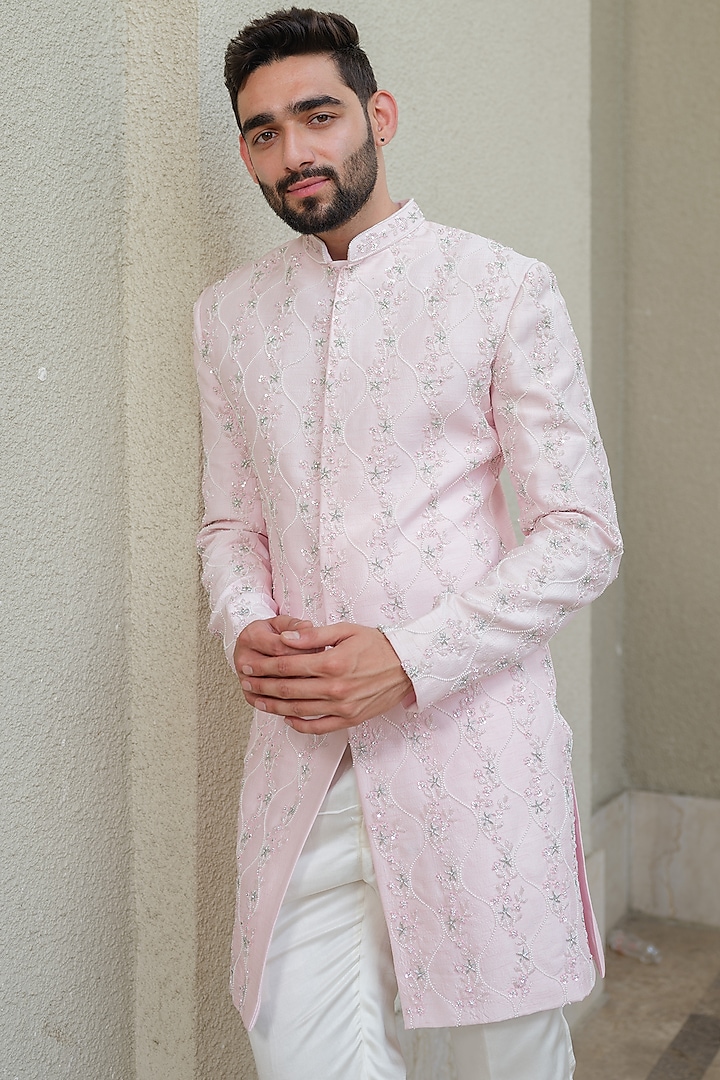 Powder Pink Silk Embroidered Wedding Sherwani Set by Niloufer by Aasif Ally Men at Pernia's Pop Up Shop