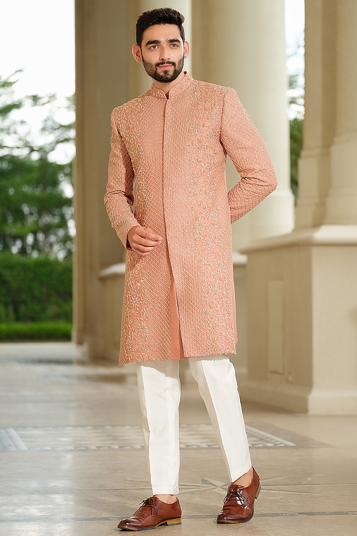 Beige Silk Embroidered Sherwani Set by Niloufer by Aasif Ally