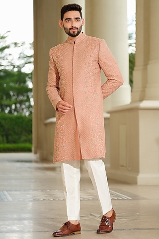 Beige Silk Embroidered Sherwani Set by Niloufer by Aasif Ally Men