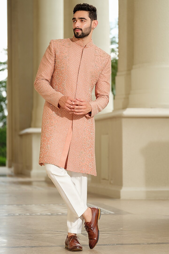 Beige Silk Embroidered Wedding Sherwani Set by Niloufer by Aasif Ally Men at Pernia's Pop Up Shop