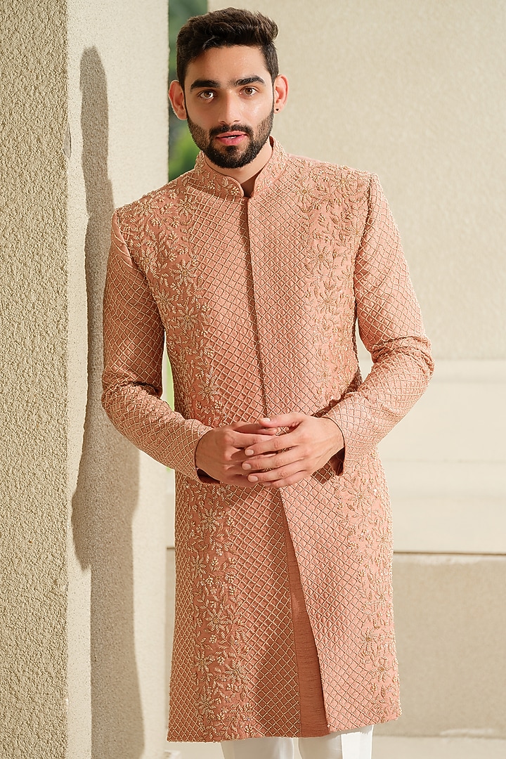 Beige Silk Embroidered Wedding Sherwani Set by Niloufer by Aasif Ally Men at Pernia's Pop Up Shop