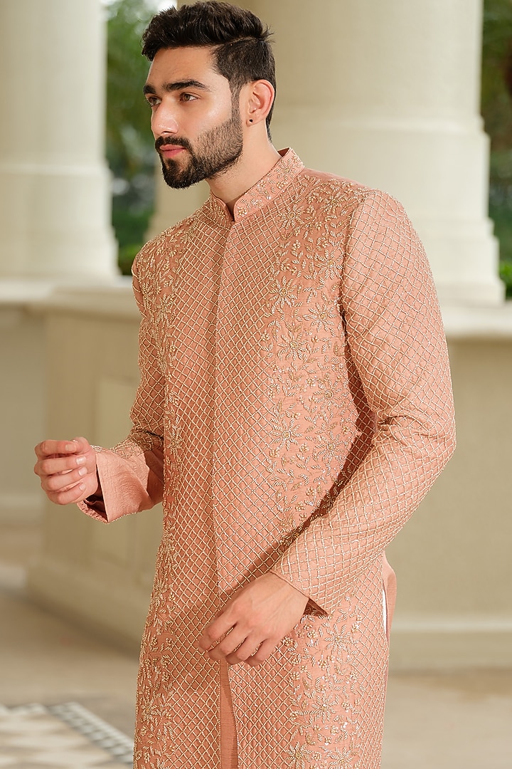 Beige Silk Embroidered Wedding Sherwani Set by Niloufer by Aasif Ally Men at Pernia's Pop Up Shop