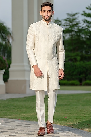 Ivory Silk Embroidered Sherwani Set by Niloufer by Aasif Ally Men