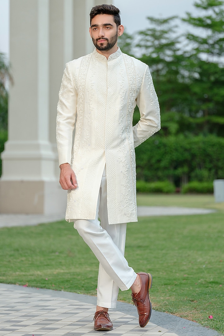Ivory Silk Embroidered Wedding Sherwani Set by Niloufer by Aasif Ally Men at Pernia's Pop Up Shop