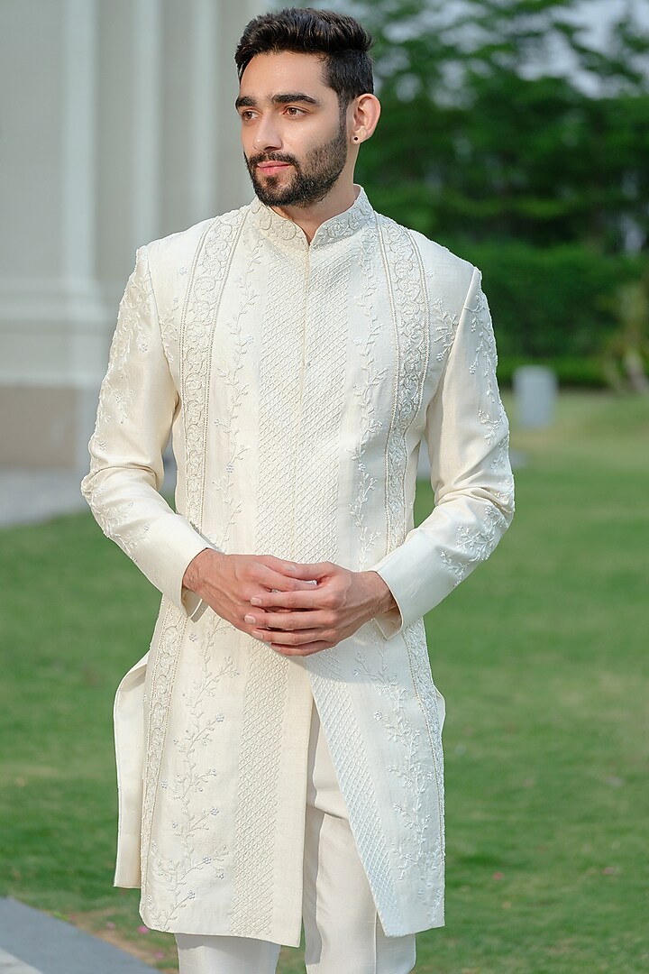 Ivory Silk Embroidered Wedding Sherwani Set by Niloufer by Aasif Ally Men at Pernia's Pop Up Shop