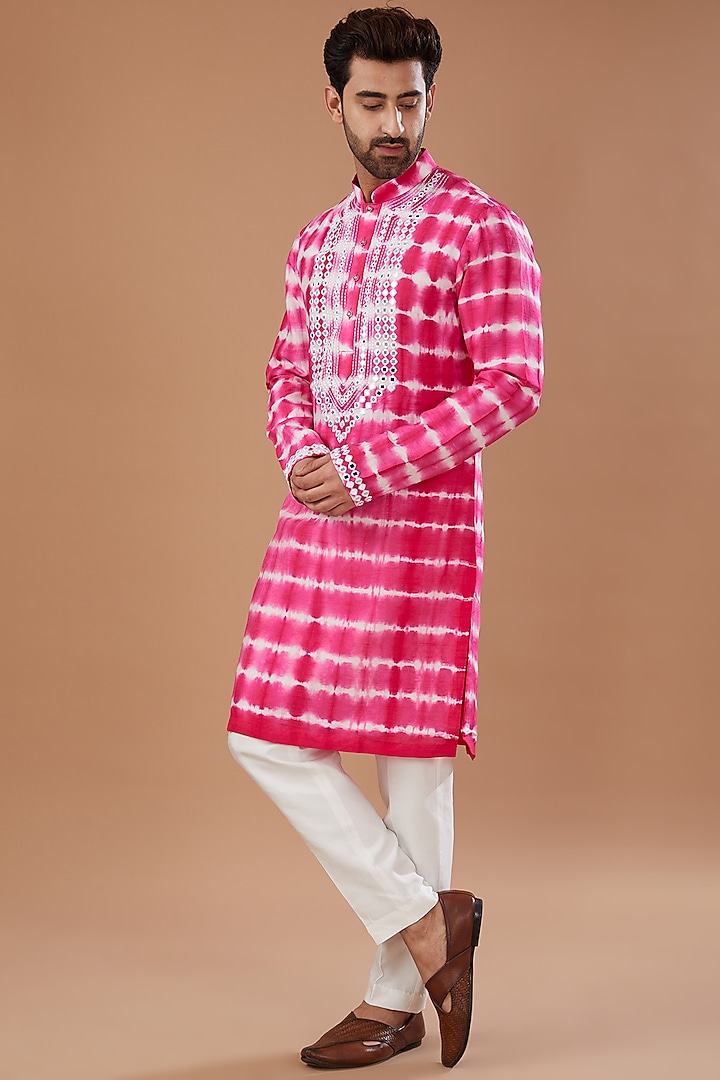 Hot Pink Silk Mirror Embroidered & Tie-Dye Printed Kurta Set by Niloufer by Aasif Ally