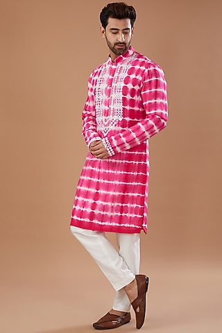 Hot Pink Silk Mirror Embroidered & Tie-Dye Printed Kurta Set by Niloufer by Aasif Ally Men