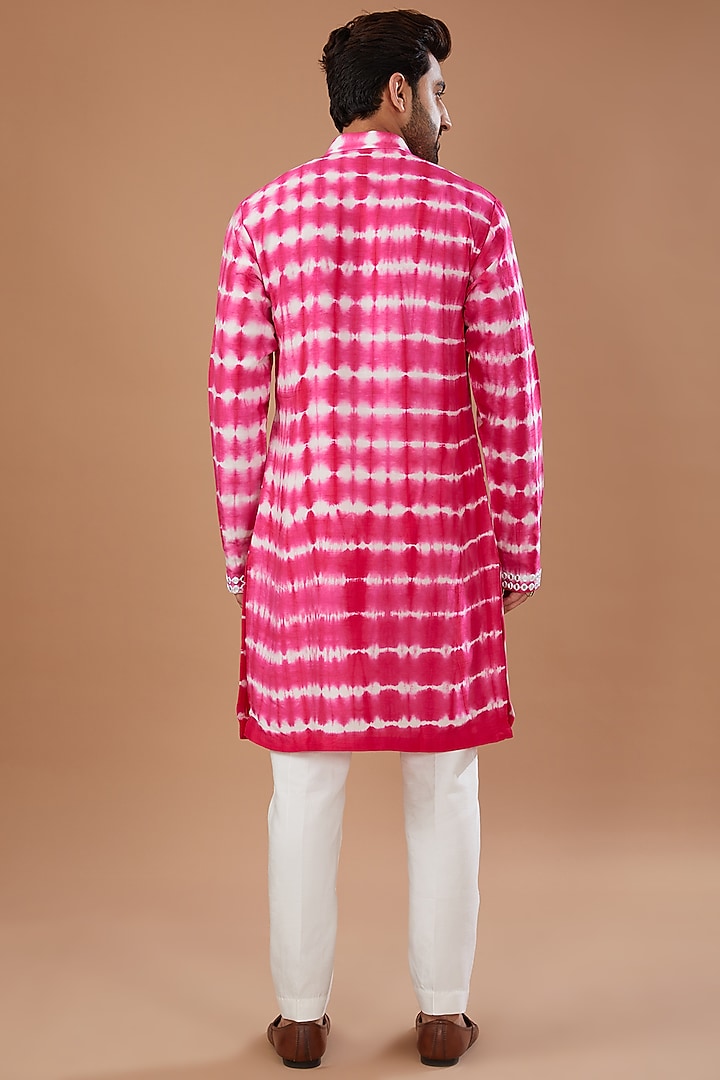 Hot Pink Silk Mirror Embroidered & Tie-Dye Printed Kurta Set by Niloufer by Aasif Ally Men at Pernia's Pop Up Shop