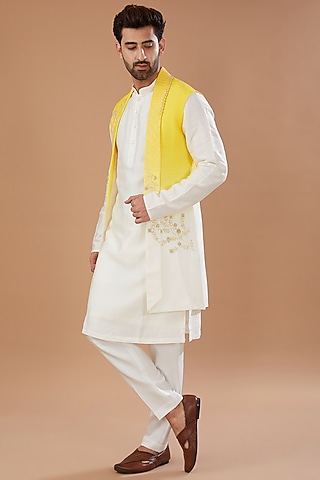 Yellow Silk Ombre Indowestern Set by Niloufer by Aasif Ally Men