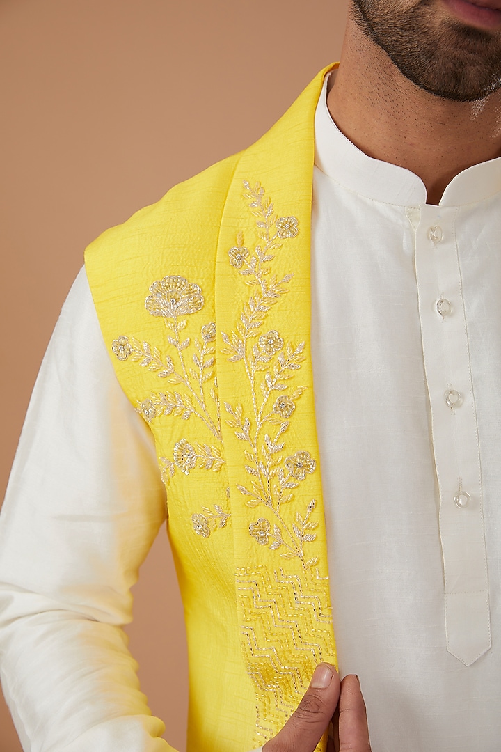 Yellow Silk Ombre Wedding Indowestern Set by Niloufer by Aasif Ally Men at Pernia's Pop Up Shop