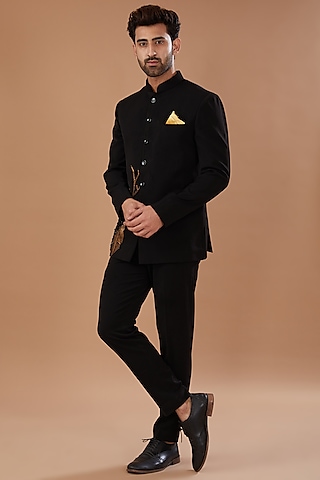 Black Silk Hand Embellished Jodhpuri Jacket Set by Niloufer by Aasif Ally Men