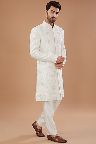 Ivory Silk Sherwani Set by Niloufer by Aasif Ally Men