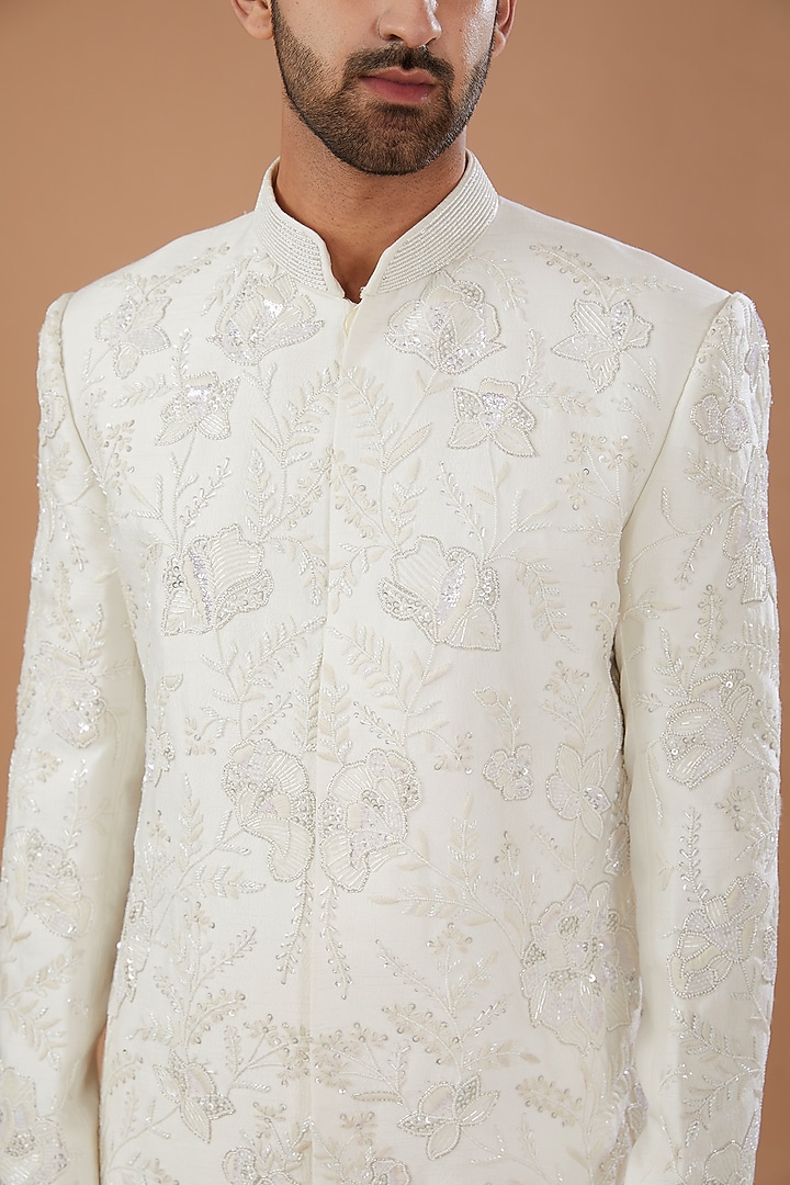 Ivory Silk Groom Sherwani Set by Niloufer by Aasif Ally Men at Pernia's Pop Up Shop