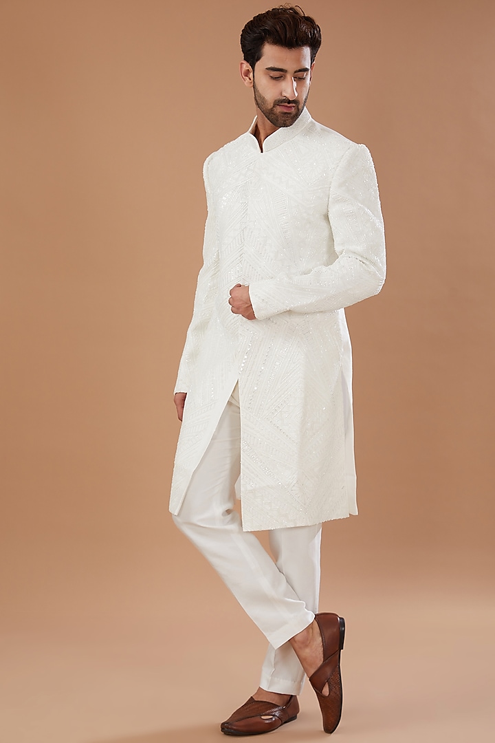 Ivory Silk Sequins Embroidered Sherwani Set by Niloufer by Aasif Ally