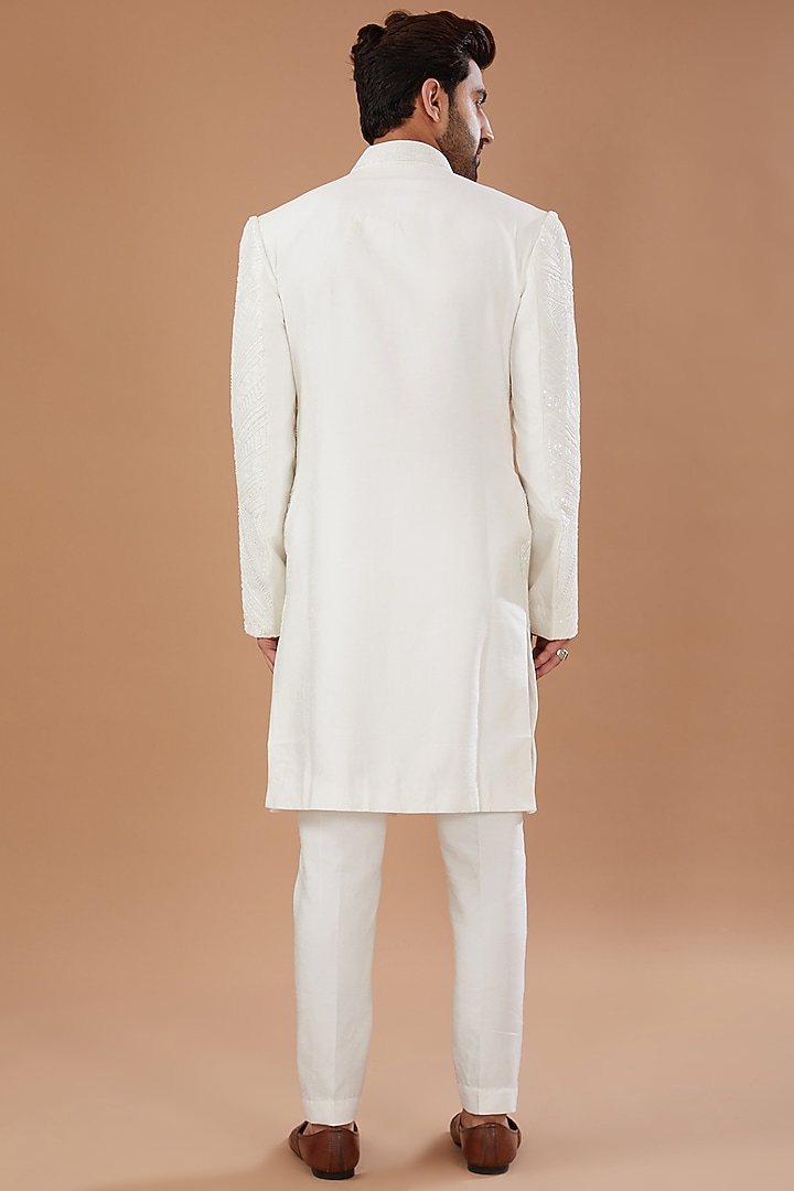Ivory Silk Sequins Embroidered Wedding Sherwani Set by Niloufer by Aasif Ally Men at Pernia's Pop Up Shop