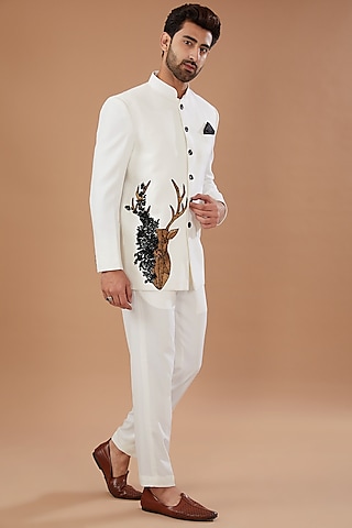 White Hand Embellished Jodhpuri Jacket Set by Niloufer by Aasif Ally Men