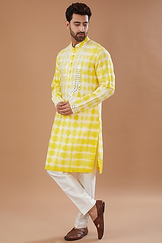 Yellow Silk Tie-Dye & Cutdana Embroidered Kurta Set by Niloufer by Aasif Ally Men