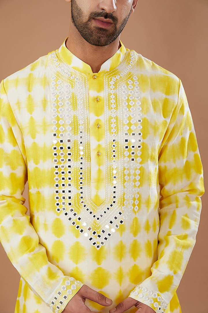 Yellow Silk Tie-Dye & Cutdana Embroidered Kurta Set by Niloufer by Aasif Ally Men at Pernia's Pop Up Shop