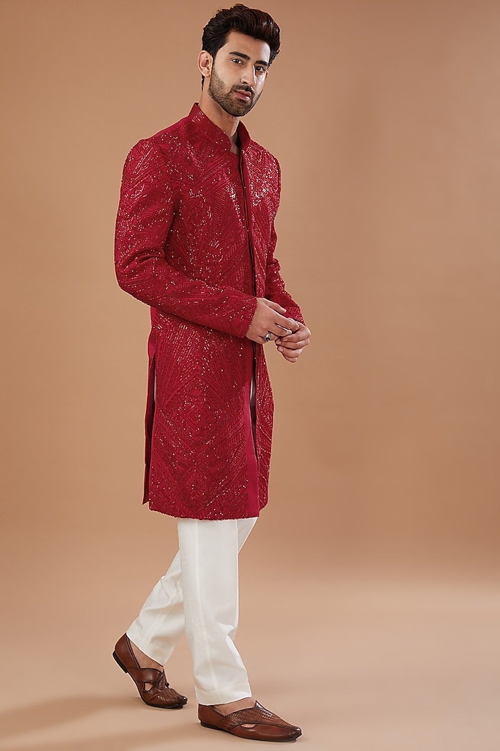 Red Silk Hand Embellished Sherwani Set by Niloufer by Aasif Ally