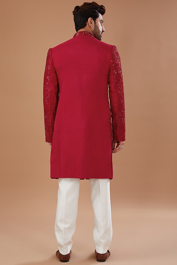 Red Silk Hand Embellished Wedding Sherwani Set by Niloufer by Aasif Ally Men at Pernia's Pop Up Shop