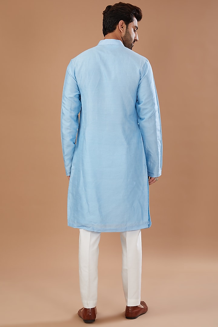 Blue Silk Mirror Embroidered Bundi Set by Niloufer by Aasif Ally Men at Pernia's Pop Up Shop