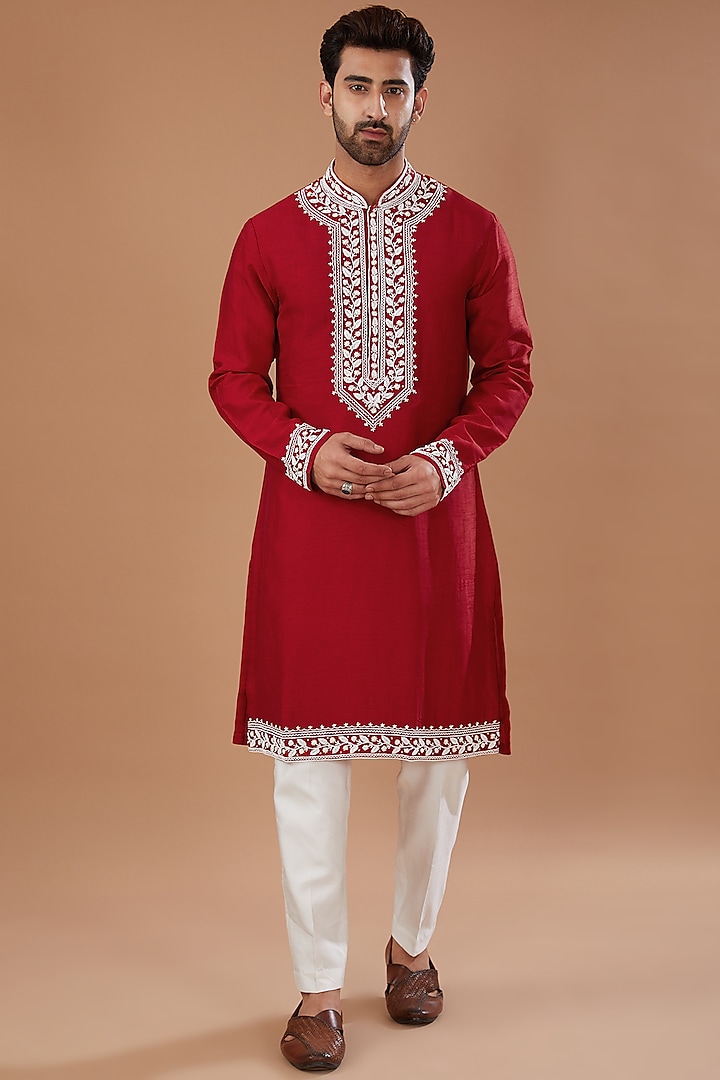 Red Silk Cutdana Embroidered Kurta Set by Niloufer by Aasif Ally