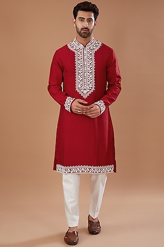 Red Silk Cutdana Embroidered Kurta Set by Niloufer by Aasif Ally Men