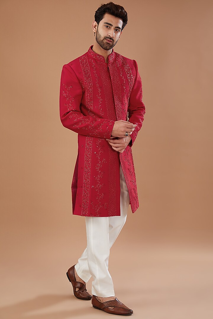 Red Silk Hand Embellished Sherwani Set by Niloufer by Aasif Ally