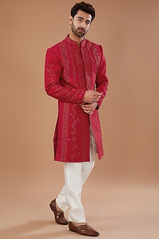 Red Silk Hand Embellished Sherwani Set by Niloufer by Aasif Ally Men