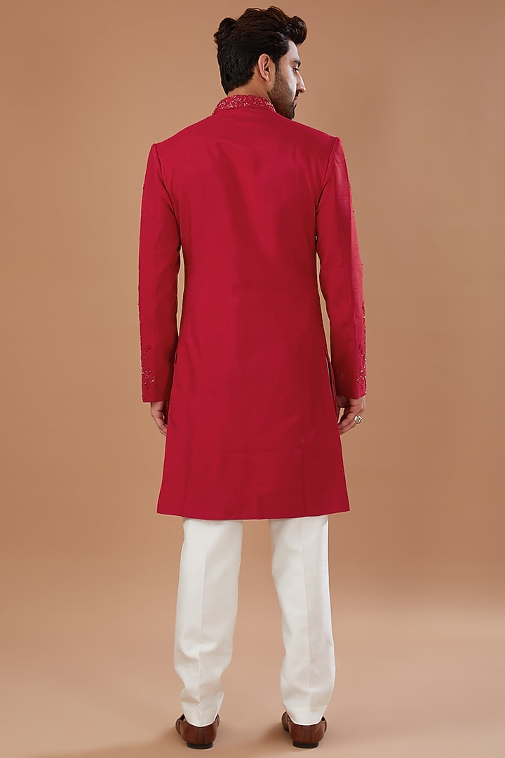 Red Silk Hand Embellished Wedding Sherwani Set by Niloufer by Aasif Ally Men at Pernia's Pop Up Shop