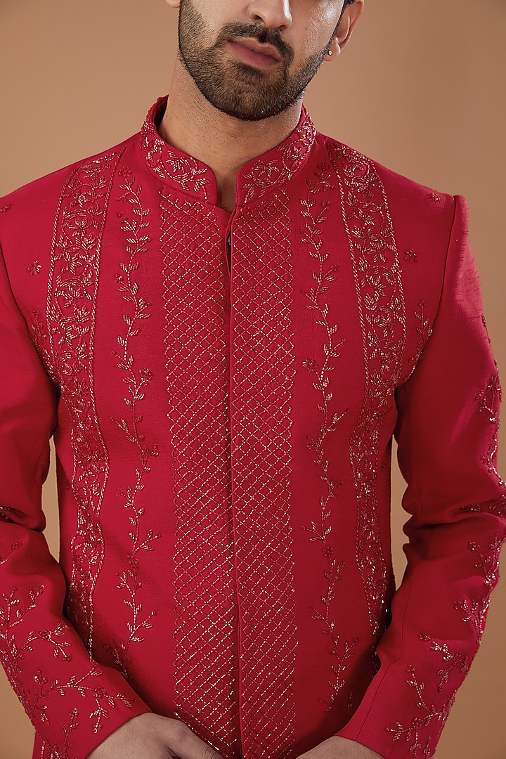 Red Silk Hand Embellished Wedding Sherwani Set by Niloufer by Aasif Ally Men at Pernia's Pop Up Shop