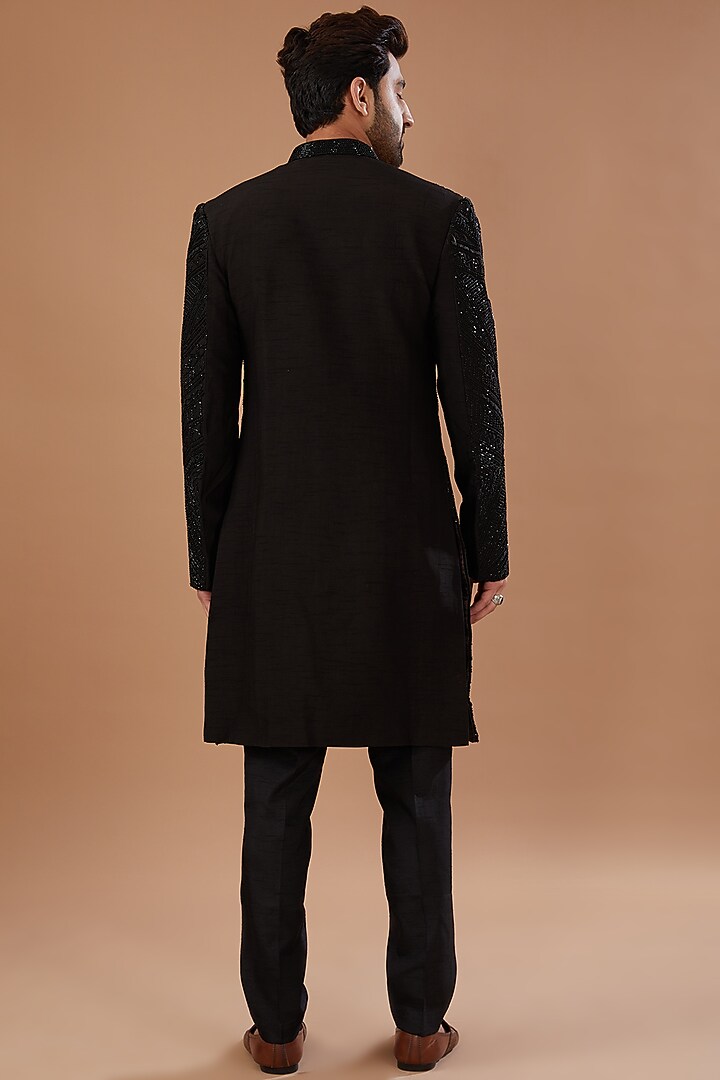 Black Silk Embellished Wedding Sherwani Set by Niloufer by Aasif Ally Men at Pernia's Pop Up Shop