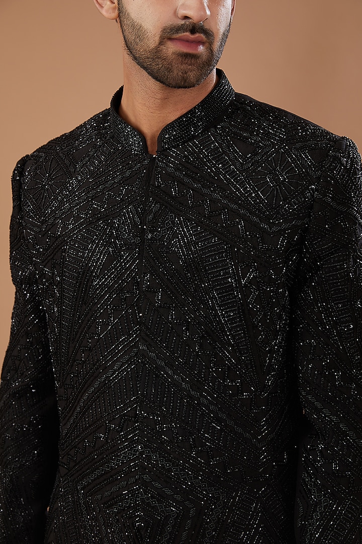 Black Silk Embellished Wedding Sherwani Set by Niloufer by Aasif Ally Men at Pernia's Pop Up Shop