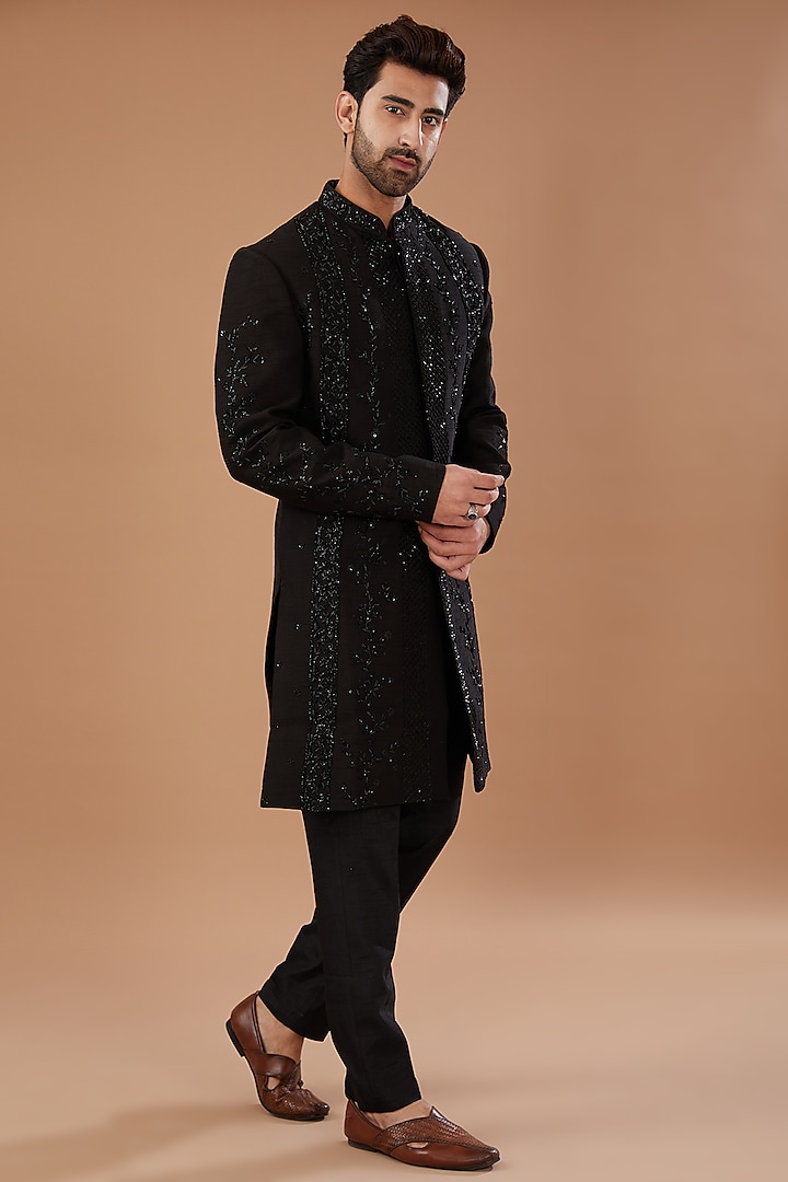 Black Silk Embellished Sherwani Set by Niloufer by Aasif Ally