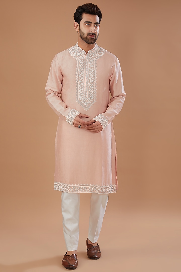 Peach Silk Pearl Embroidered Kurta Set by Niloufer by Aasif Ally