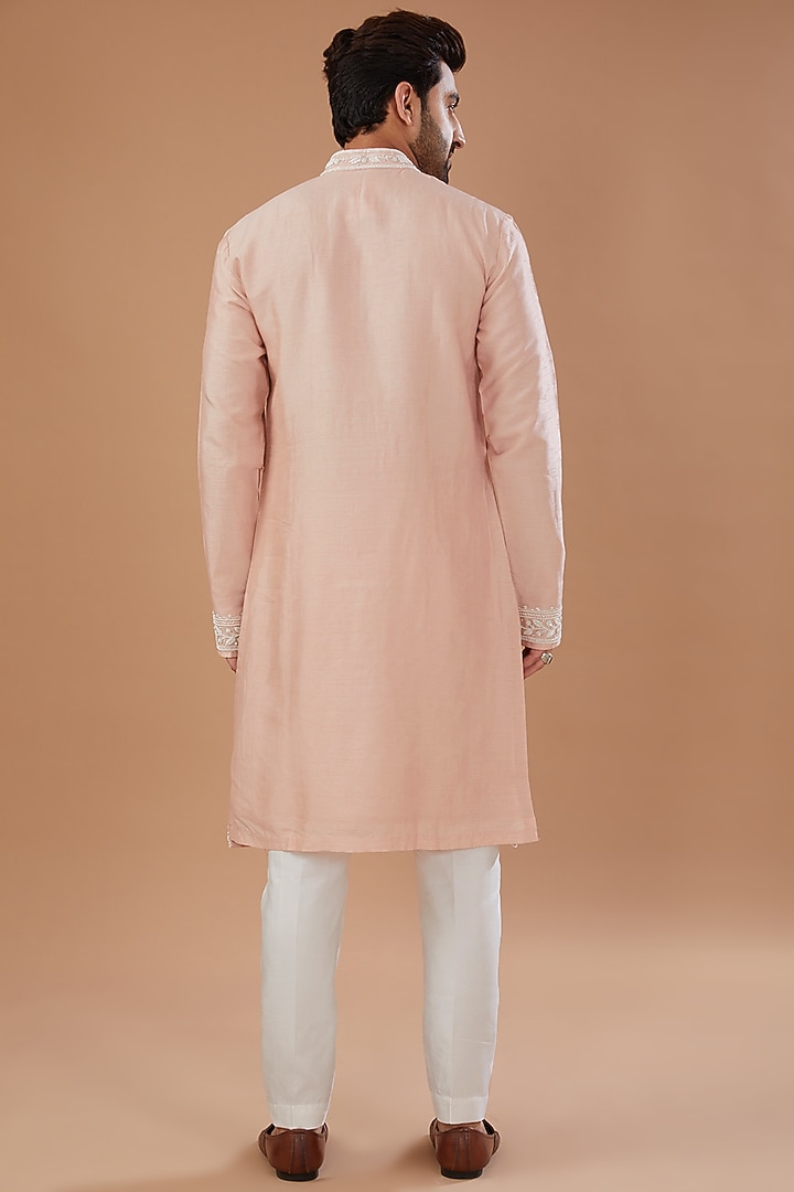 Peach Silk Pearl Embroidered Kurta Set by Niloufer by Aasif Ally Men at Pernia's Pop Up Shop