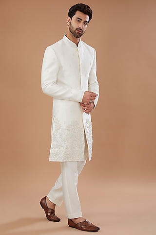 Ivory Silk Embroidered Sherwani Set by Niloufer by Aasif Ally Men