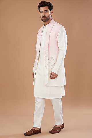 Pink Ombre Silk Embellished Indowestern Set by Niloufer by Aasif Ally Men