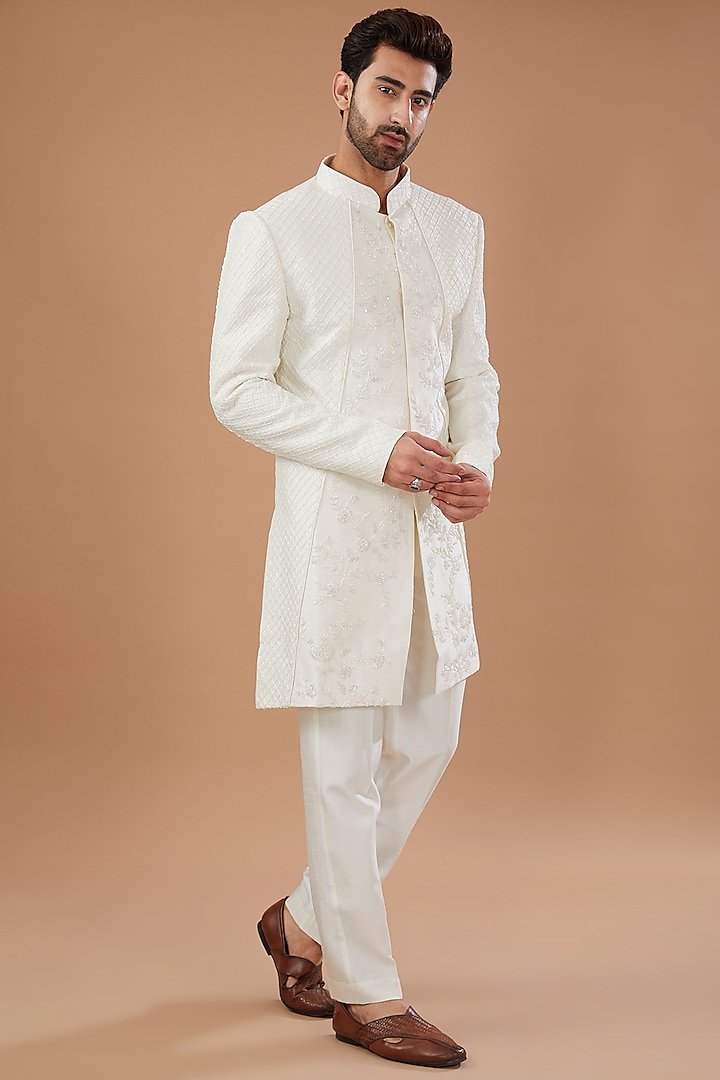 Ivory Silk Embroidered Sherwani Set by Niloufer by Aasif Ally