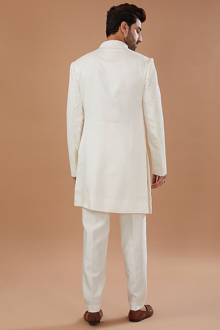 Ivory Silk Embroidered Wedding Sherwani Set by Niloufer by Aasif Ally Men at Pernia's Pop Up Shop