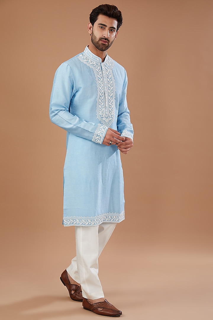 Blue Silk Hand Embellished Kurta Set by Niloufer by Aasif Ally