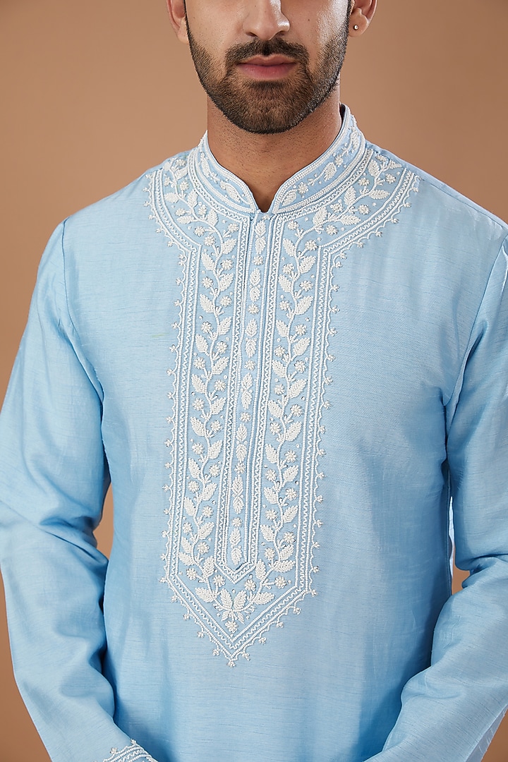 Blue Silk Hand Embellished Kurta Set by Niloufer by Aasif Ally Men at Pernia's Pop Up Shop