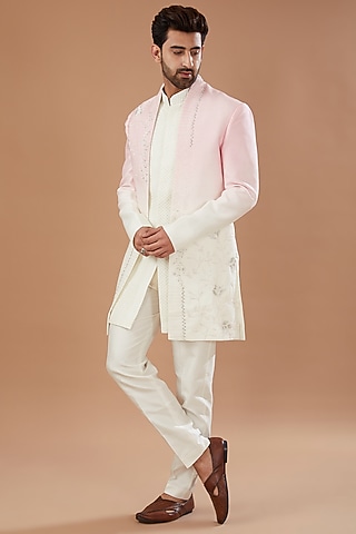 Pink Ombre Silk Indowestern Set by Niloufer by Aasif Ally Men