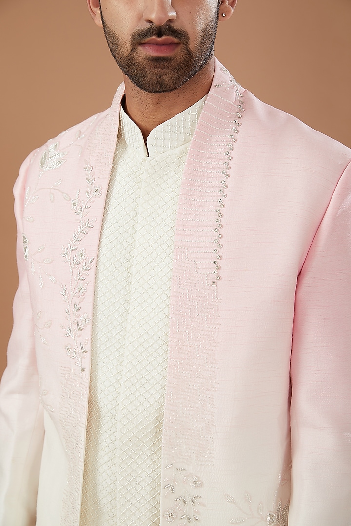Pink Ombre Silk Wedding Indowestern Set by Niloufer by Aasif Ally Men at Pernia's Pop Up Shop